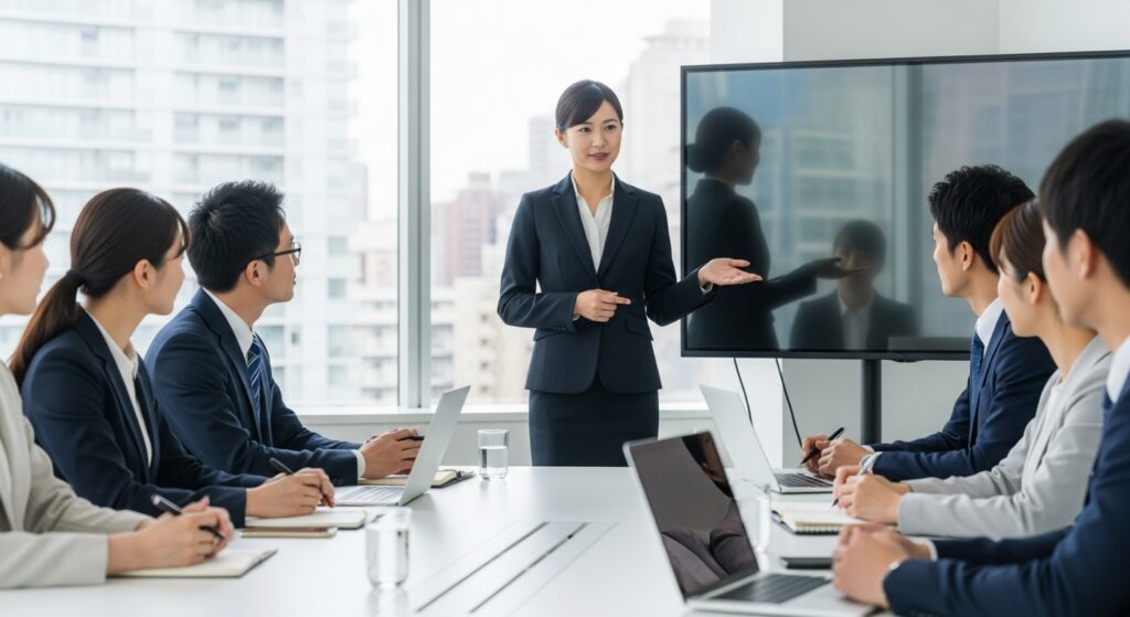 会議室で大型モニターを使い、プレゼンテーションを行うビジネスウーマン