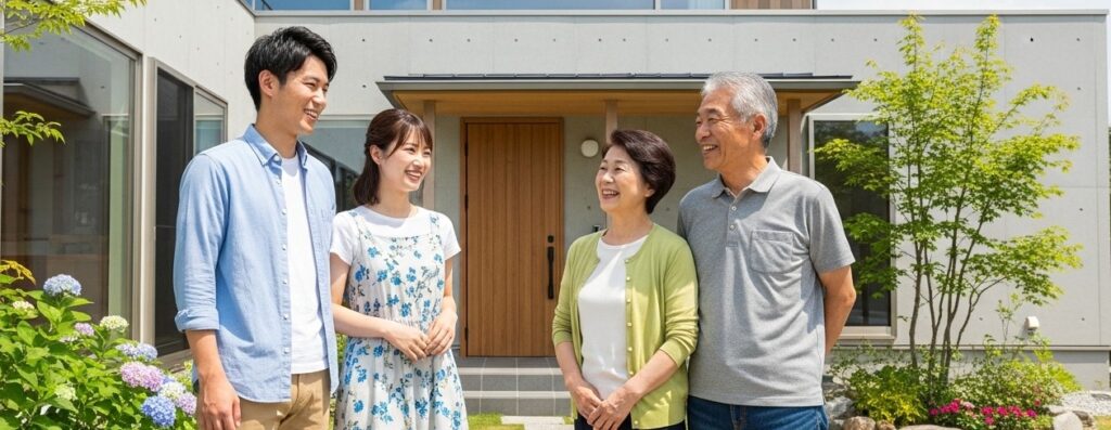 マイホームの前で談笑する若い夫婦とシニアの夫婦（親子）