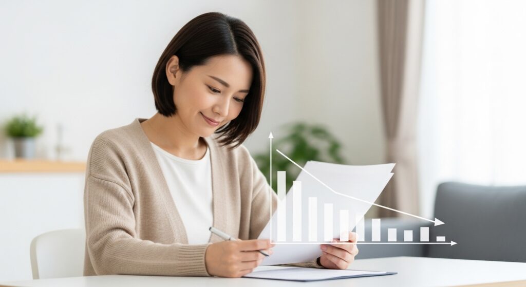 右肩下がりのグラフを確認する笑顔の女性