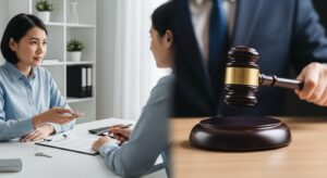 女性が話し合っている姿と、競売がされている様子の対比