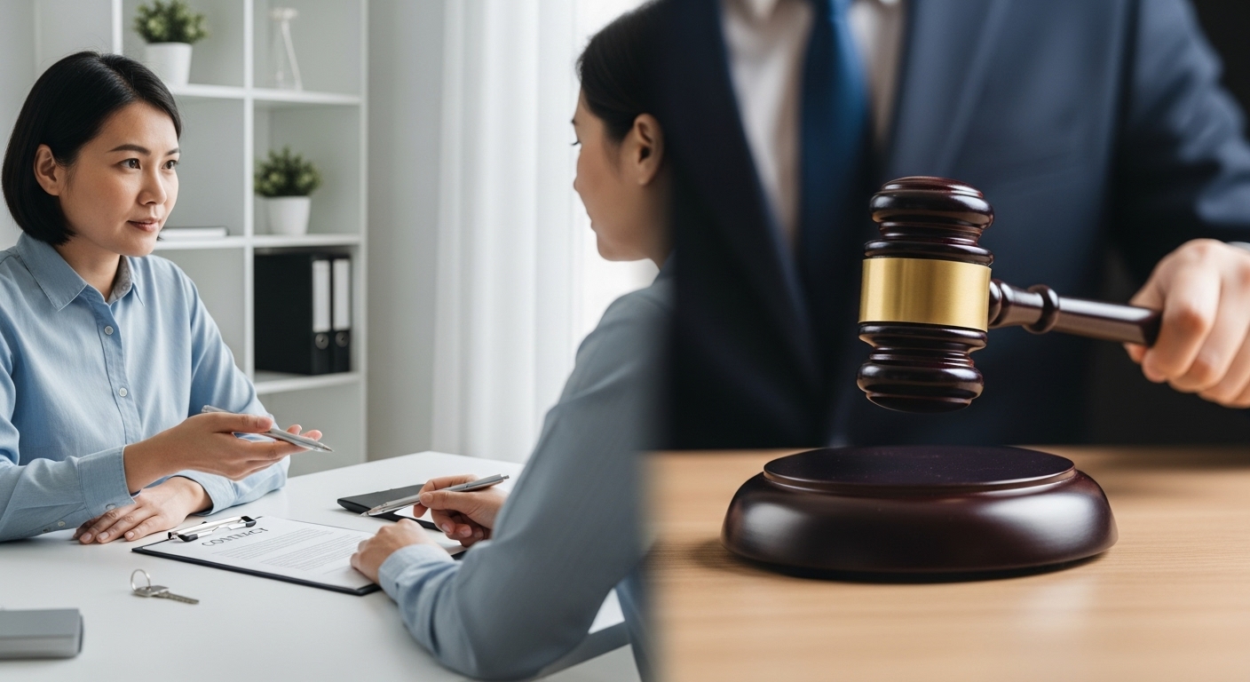 女性が話し合っている姿と、競売がされている様子の対比