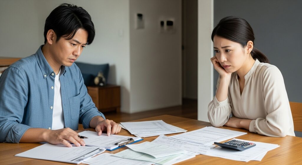 たくさんの書類の前で深刻な表情の夫婦