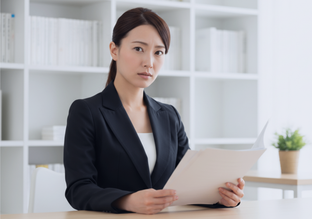 書類を読んで悩んでいるスーツ姿の女性